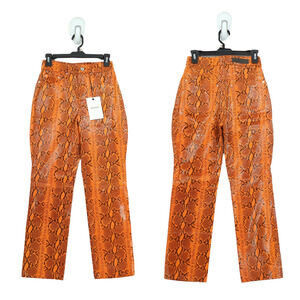 GRLFRND Women 25 Shiloh Leather Pants Orange Snake Printed Straight Leg $620 NEW